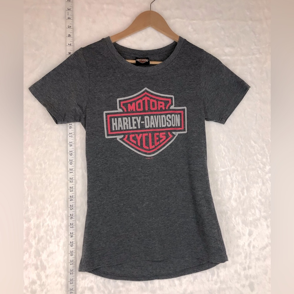 Women’s Harley Davidson Top Short Sleeve Dark Grey Hot Pink V Neck T Shirt Sz XS